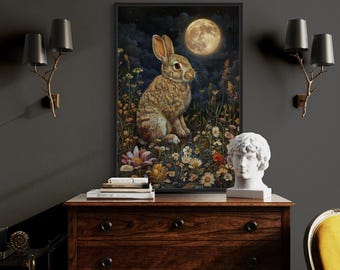 Dark Academia Wall Art - Bunny Rabbit in The Meadow Under The Moon Moody Painting Canvas PRINT, Cottagecore Wall Art Framed Ready To Hang