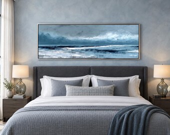 Long Horizontal Ocean Wall Art For Living Room, Blue Abstract Seascape Canvas Print, Coastal Nautical Painting, Framed Ready To Hang