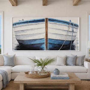 Blue White Rustic Boat Painting Canvas PRINT, Beach House Wall Art, Nautical Wall Decor, Extra Large Wall Art, Framed Ready To Hang