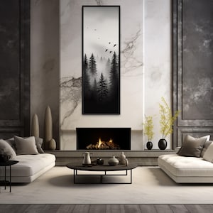 Tall Narrow Black White Vertical Wall Art, Foggy Forest Painting Canvas PRINT, Long Slim Artwork Ready To Hang