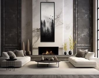 Tall Narrow Black White Vertical Wall Art, Foggy Forest Painting Canvas PRINT, Long Slim Artwork Ready To Hang