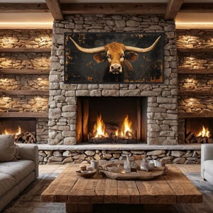 Rustic Texas Longhorn Cow Extra Large Wall Art - Farmhouse, Living Room Art - Wood Effect Canvas Print Framed, Ready To Hang