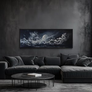 Moon And Clouds Sky Panoramic Wall Art - Man Bedroom Painting Long Horizontal Canvas PRINT, Framed Unframed Ready To Hang