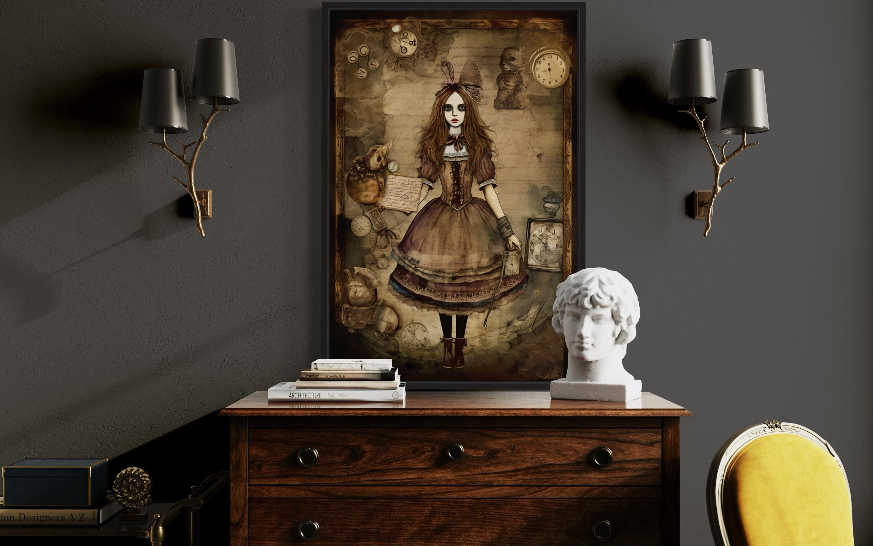 Gothic Grunge Alice In Wonderland Painting Canvas Print / Poster Dark Academia Wall Art Spooky Halloween Decor Framed Unframed Ready To Hang