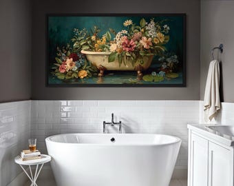 Floral Bathtub Canvas Wall Art, Large Botanical Bathroom Wall Decor Vintage Clawfoot Tub Painting with Colorful Flowers and Green Background