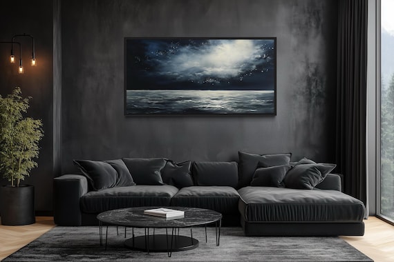 Dark Starry Night Ocean Seascape Painting Canvas Print - Dark Nautical Living Room, Mens Bedroom Wall Art, Over Bed Art Ready To Hang