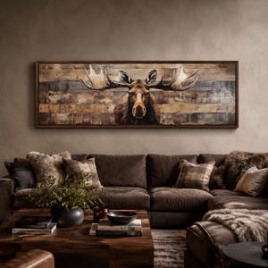 Moose Painted On Wood Canvas Print - Rustic Cabin, Cottage Wall Art, Over Mantel Long Horizontal Decor - With or Without Frame Ready To Hang