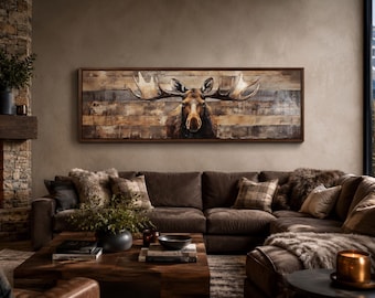 Moose Painted On Wood Canvas Print - Rustic Cabin, Cottage Wall Art, Over Mantel Long Horizontal Decor - With or Without Frame Ready To Hang
