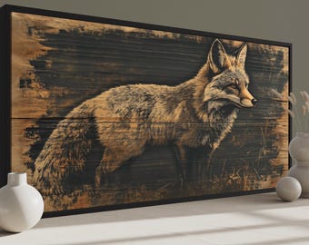 Fox Painted on Dark Wood Canvas PRINT, Rustic Cabin Wall Art, Wildlife Woodland Animals Decor Framed  Ready To Hang