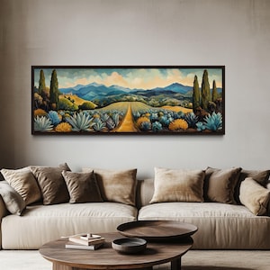 Mexican Agave Field Canvas Wall Art, Long Horizontal Desert Cactus Landscape Print With Golden Path Framed Ready To Hang