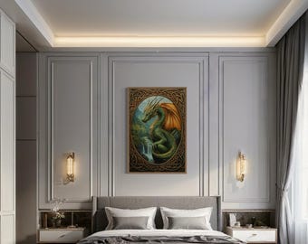 Celtic Dragon Wall Art, Green Celtic Mythology Dragon In Mountains Painting Canvas Print Framed Ready To Hang