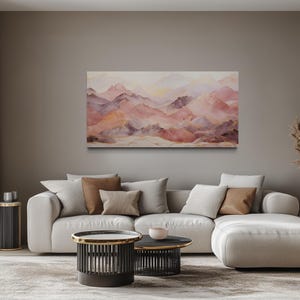 Pink Brown Wall Art, Abstract Marble Mountain Landscape Painting Canvas PRINT, Long Horizontal Living Room Bedroom Decor Ready To Hang
