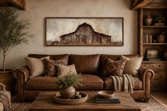 Rustic Brown Barn Wall, Panoramic Farmhouse Wall Art, Large Barn