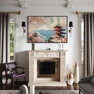 Japanese Landscape Wall Art, Pagoda, Cherry Blossom And Mt Fuji Ukiyo-e Style Painting Cavas PRINT, Japanese Wall Art Framed Ready To Hang