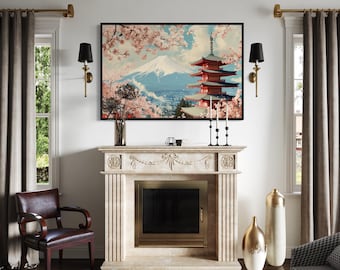 Japanese Landscape Wall Art, Pagoda, Cherry Blossom And Mt Fuji Ukiyo-e Style Painting Cavas PRINT, Japanese Wall Art Framed Ready To Hang