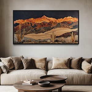 Arizona Desert With Cacti Layered Wood Style Painting Canvas PRINT, Minimalist Earth Tones Landscape  Art Southwestern Decor Ready To Hang