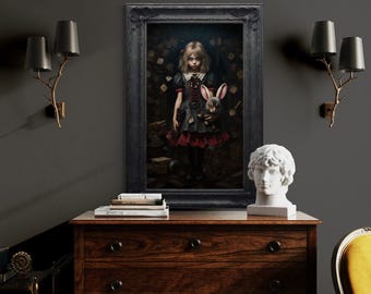 Gothic Alice In Wonderland Painting Canvas PRINT, Dark Academia Wall Art Spooky Halloween Decor Framed Unframed Ready To Hang