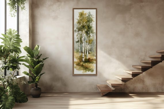 Birch Tree Autumn Watercolor Painting Vertical Forest Landscape Wall Art Print – Framed Rustic Nature Decor Ready To Hang