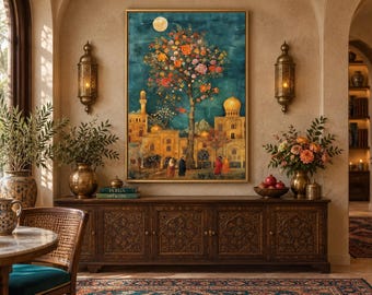 Persian Garden And Architecture Traditional Painting Canvas Wall Art, Middle Eastern Wall Decor Framed Ready To Hang