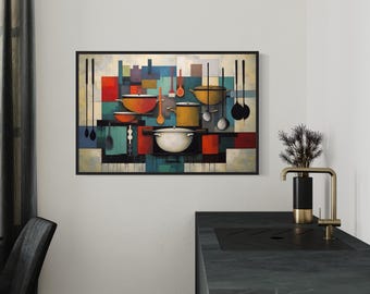 Colorful Kitchen Wall Art With Pots And Utensils, Abstract Geometric Cooking Canvas Print For Kitchen Or Dining Room, Framed Ready To Hang