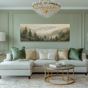 Green Foggy Forest Landscape Horizontal Painting Canvas PRINT, Above Bed Nature Wall Art Framed Ready To Hang