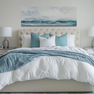 Over Bed Wall Art Minimalist Ocean Blue Gray Watercolor Panoramic  Painting, Coastal Wall Art Long Horizontal Canvas Print Ready To Hang
