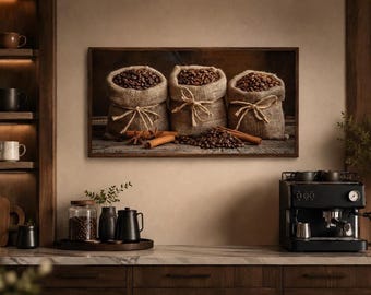 Kitchen Or Dining Room Wall Art,  Coffee Bar Decor, Coffee In Burlap Bags And Cinnamon Sticks Painting Canvas PRINT, Framed Ready To Hang