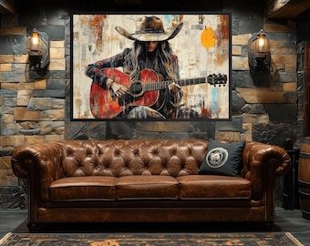 Cowgirl Playing Guitar Wall Art, Western Wall Decor, Music Room Wall Art Rustic Cowgirl Painting Print Framed Ready To Hang