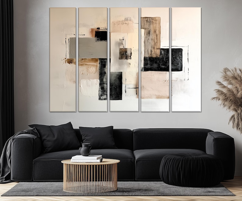 5 Piece Neutral Abstract Wall Art – Modern Minimalist Beige Black Taupe ...