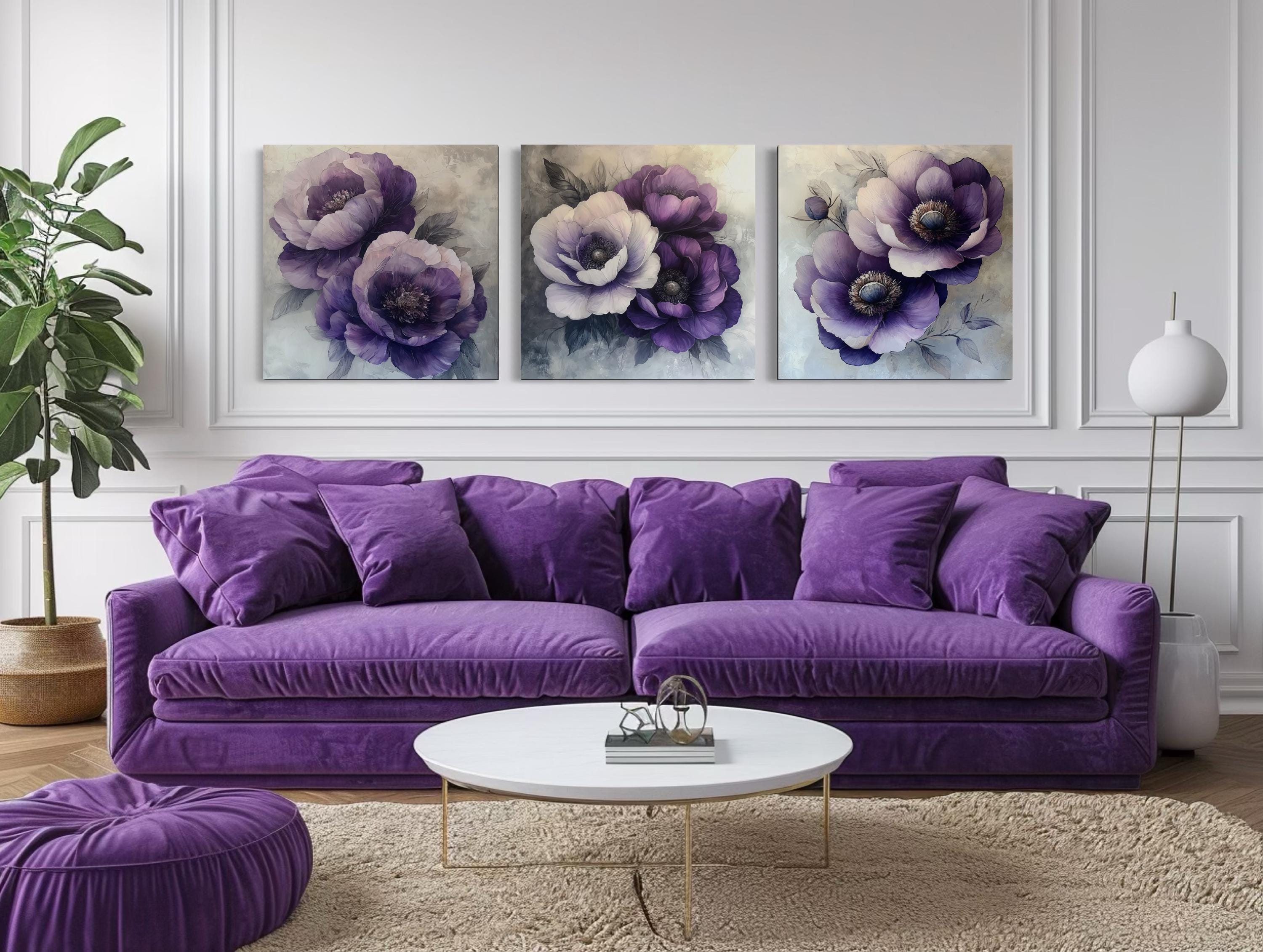Set of 3 Purple Floral Wall Art – Purple Lavender Grey Flower Canvas ...