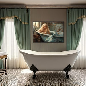 Mermaid in a Bathtub Painting Canvas Print, Bathroom Wall Decor -  Framed Ready To Hang