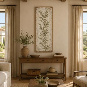A Tall Olive Branch With Sage Green Leaves On Aged Cream Background Wall Art, Tuscan Farmhouse Botanical Decor, Tall Vertical Canvas Print