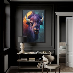 Colorful Bison Wall Art, Modern Buffalo Portrait Canvas Print, Rustic Western Animal Painting For Office Or Man Cave, Framed Ready To Hang