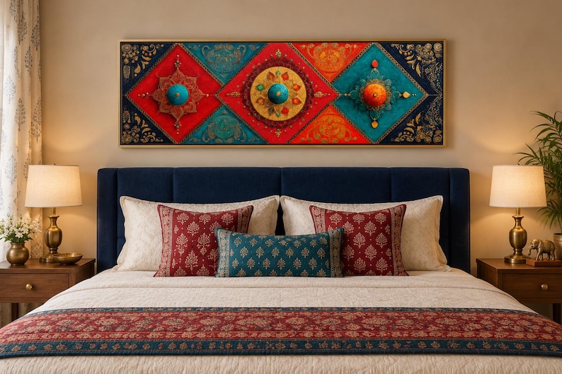 Puede incluir: Una pieza de arte mural rectangular con un patr&oacute;n geom&eacute;trico vibrante en rojo, azul cerceta y dorado. La obra incluye tres medallones circulares en relieve en el centro de paneles en forma de diamante, con detalles de filigrana dorada.