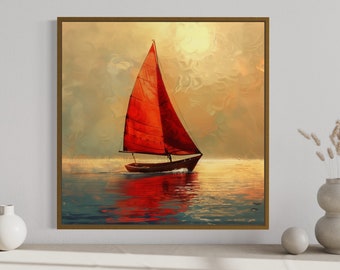 Gold-Rote Wandkunst, Boot mit roten Segeln im goldenen Sonnenuntergang Ozean abstrakte Malerei Leinwand, nautische Wohnzimmer Kunst gerahmt fertig zum Aufhängen