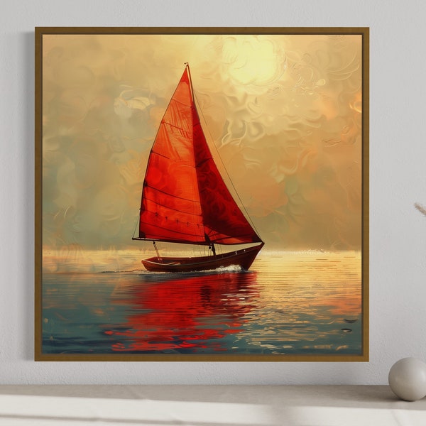 Gold Red Wall Art, Boat With Red Sails In Golden Sunset Ocean Abstract Painting Canvas Print, Nautical Living Room Art Framed  Ready To Hang