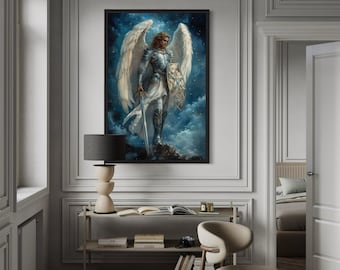 Archangel Michael Wall Art – Angel Warrior Canvas Print With Sword and Shield, Christian Spiritual Protector Painting for Home Décor