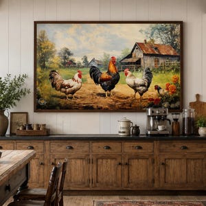 Farmhouse Wall Art, Roosters Chickens Retro Painting Canvas PRINT, Farm Wall Decor, Farm Kitchen Art Framed Unframed Ready to Hang image 1
