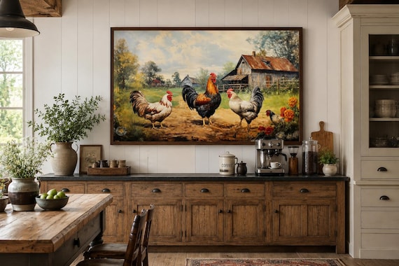 Farmhouse Wall Art, Roosters Chickens Retro Painting Canvas PRINT, Farm Wall Decor, Farm Kitchen Art Framed Unframed Ready to Hang