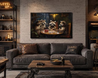 Wall Decor For Men - Raccoons Playing Poker - Game Room Wall Art - Poker Room Decor - Man Cave Wall Art, Gift For Dad Framed Ready To Hang