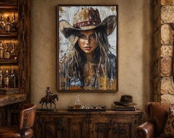 Western Cowgirl Wall Art - Rustic Cowgirl Portrait Canvas Print - Wild West Woman Painting Framed Ready To Hang