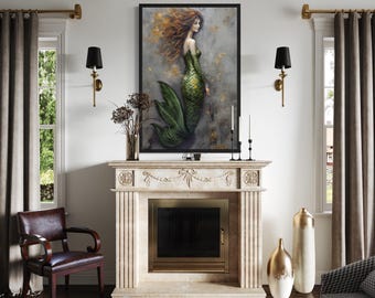Beautiful Mermaid With Green Tail Wall Art, Fantasy Painting Canvas Print Framed Ready To Hang