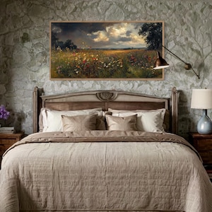 Antique Style Moody Wildflowers Field Canvas Painting PRINT, Vintage Farmhouse Wall Art, Boho Botanical Rustic Home Decor,  Ready To Hang