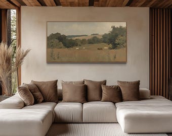 Antique Pastoral Farm Wall Art - Landscape With Cows Vintage Painting Canvas PRINT, Farmhouse Wall Decor Framed Ready To Hang