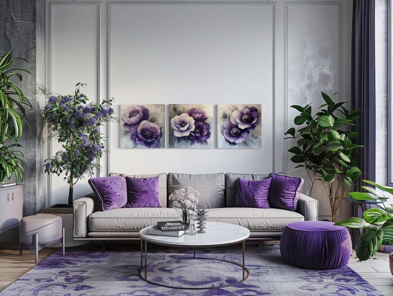 Set of 3 Purple Floral Wall Art – Purple Lavender Grey Flower Canvas ...