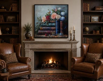Stacked Books And Pretty Flowers Painting Canvas PRINT, Bookish Library Wall Art, Gift For Book Lovers Framed/Unframed Ready To Hang