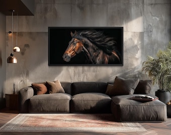 Brown Horse Wall Art – Majestic Equestrian Canvas Print, Modern Animal Painting, Horizontal Framed Horse Artwork for Living Room or Office