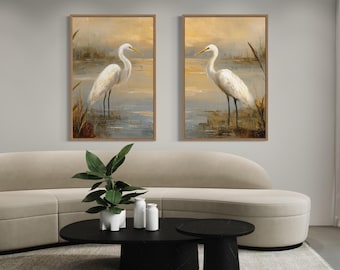 Vertical Egrets Wall Art, Set of 2 White Herons In Marsh Painting Canvas Print, Neutral Bird Art For Living Room Or Coastal Decor