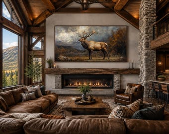 Antique Elk Wall Art, Majestic Bull Elk In Autumn Mountains Painting Canvas Print, Rustic Wildlife For Cabin Decor Framed Ready To Hang