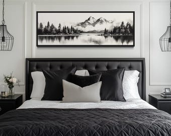Black And White Minimalist Watercolor Mountain Lake Landscape Panoramic Painting PRINT,  Long Horizontal Canvas, Over Bed Wall Art